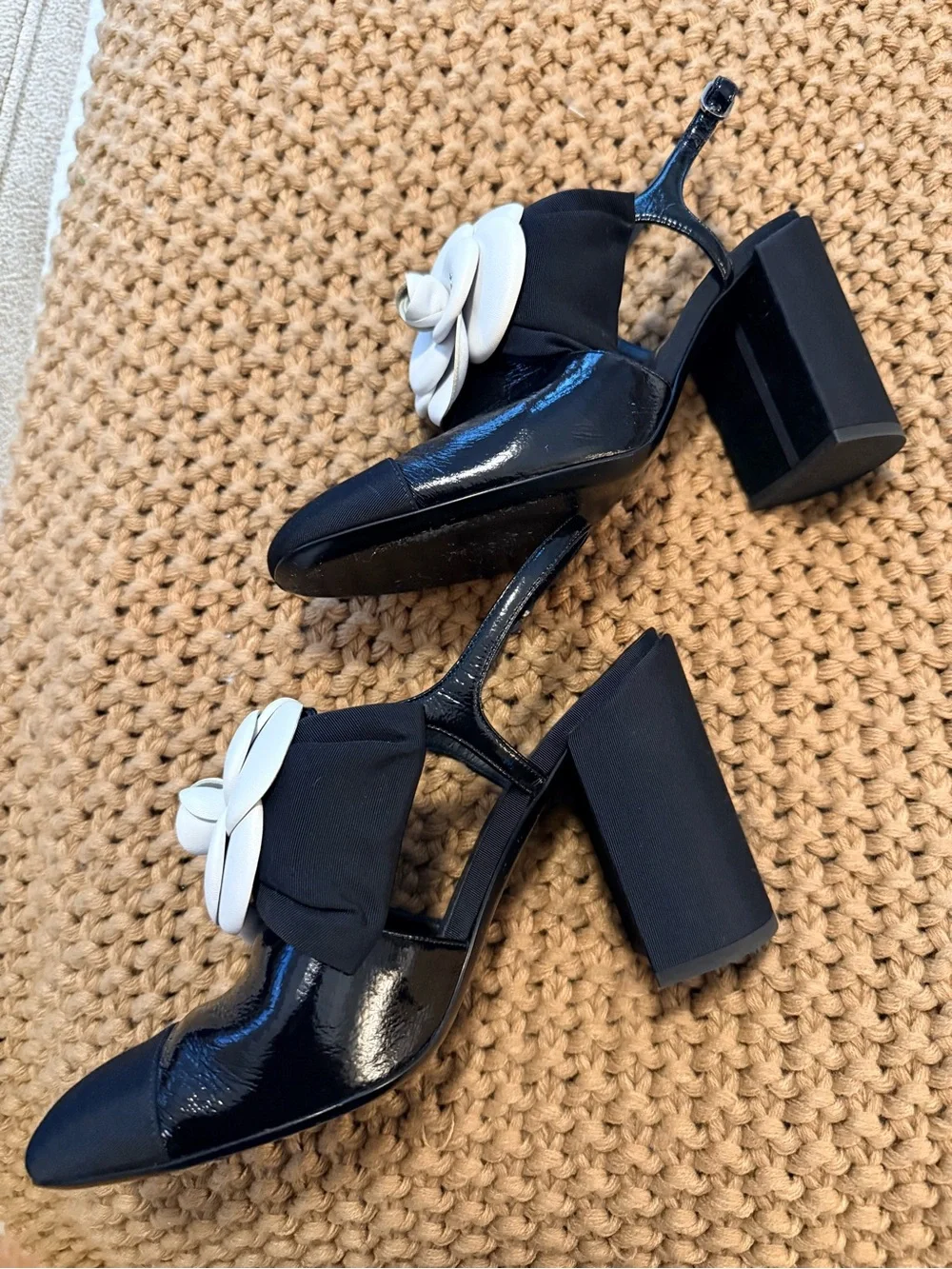 CHANEL Black Slingback Mules with White Camellia Flower
